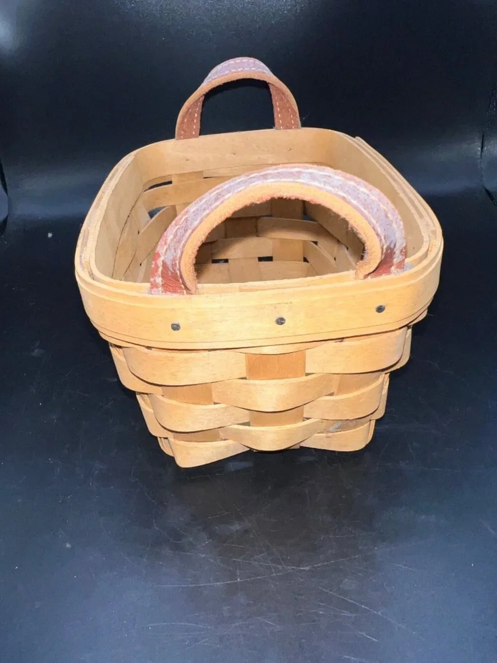 Longaberger Handmade Basket Leather Handles 2003 Rustic Woven Wood USA Vintage